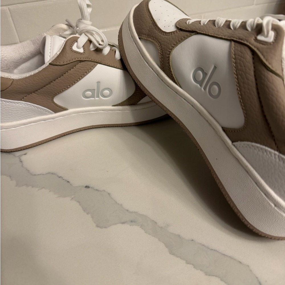 Alo White and Tan Sneakers